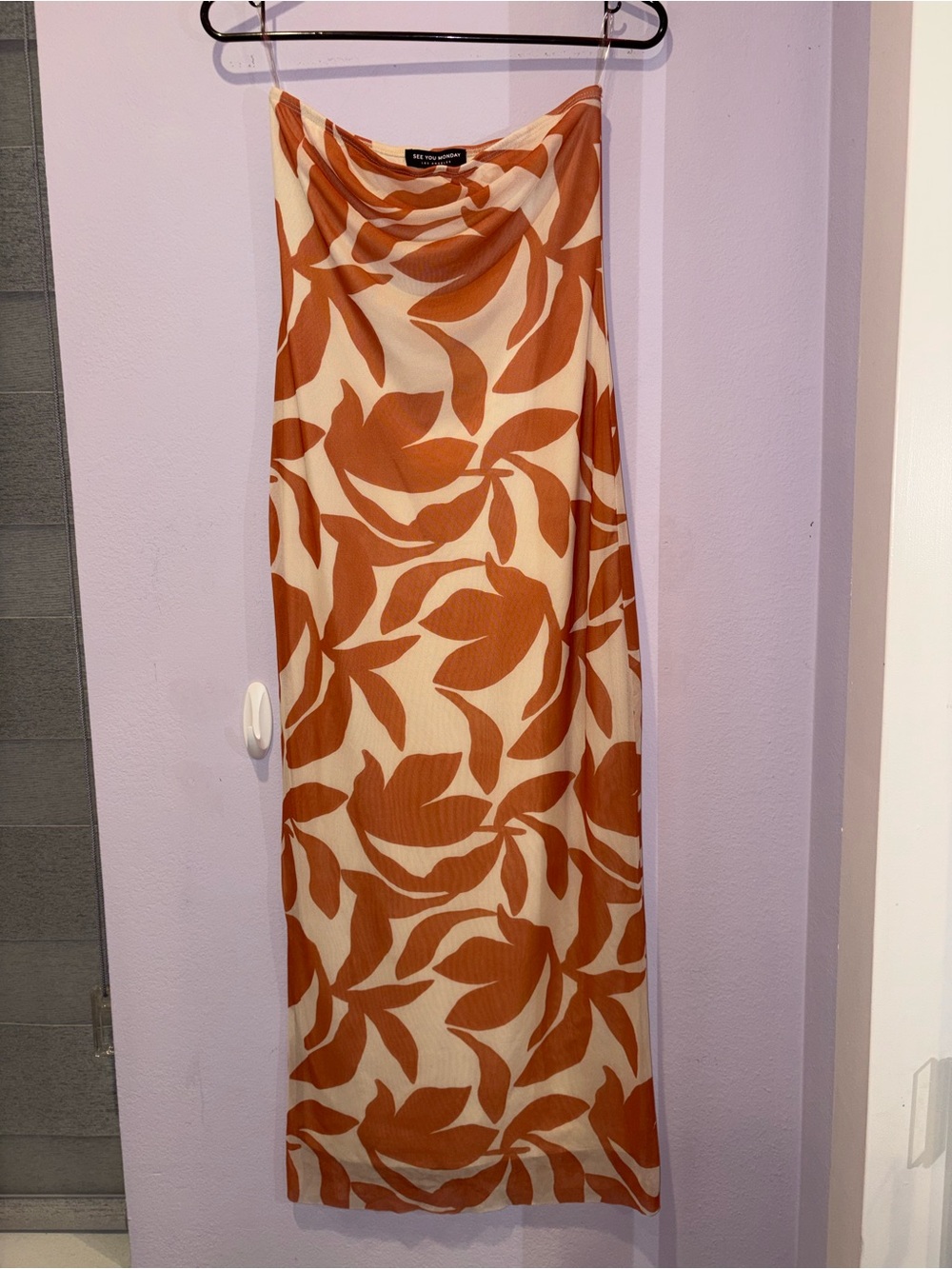See You Monday Rust Leaf Print Strapless Dress